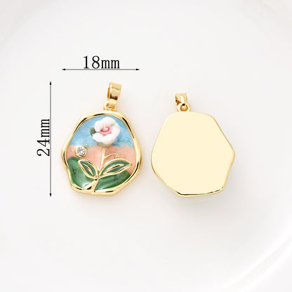 18K Oil Painting Flower Pendant