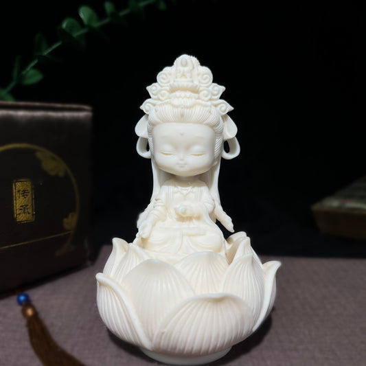 BTYYIHEX Ivory Fruit Carved Kwan Yin Avalokitesvara with Lotus Wealth Blessing Desk Ornament