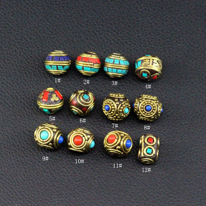 Handmade Nepalese copper beads, round beads, flying saucer beads, ethnic style necklace, thangka with beads, keychain spacer beads