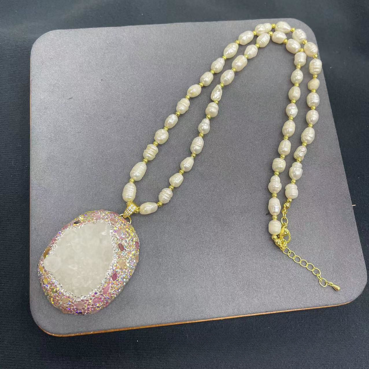 Sweeter Chain, Chain is Made of Natural Pearls, Pendant is Made of Clear Quartzite