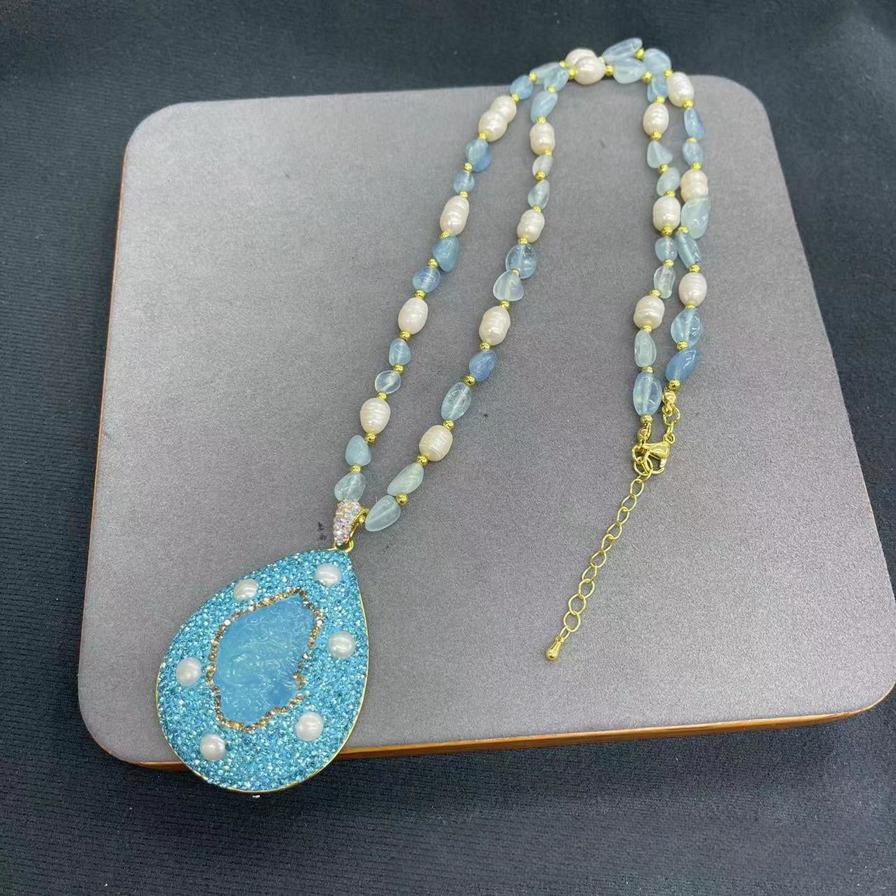 Sweeter Chain, Chain is Made of Natural Pearls and Aquamarine, Pendant is Made of Aquamarine