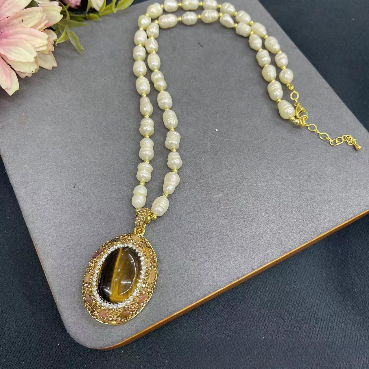 Sweeter Chain, Chain is Made of Natural Pearls, Pendant is Made of Tiger Eye Stone