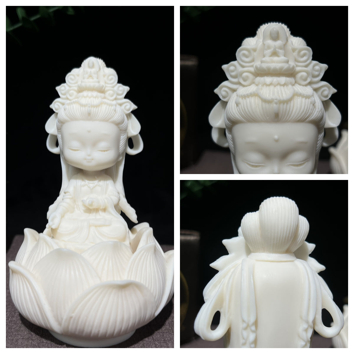 BTYYIHEX Ivory Fruit Carved Kwan Yin Avalokitesvara with Lotus Wealth Blessing Desk Ornament