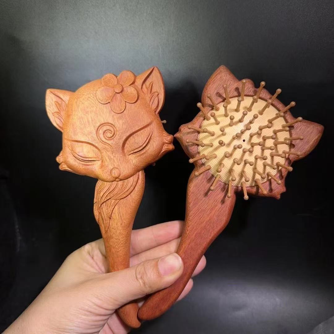 Wooden Carving Fox Hair Brush