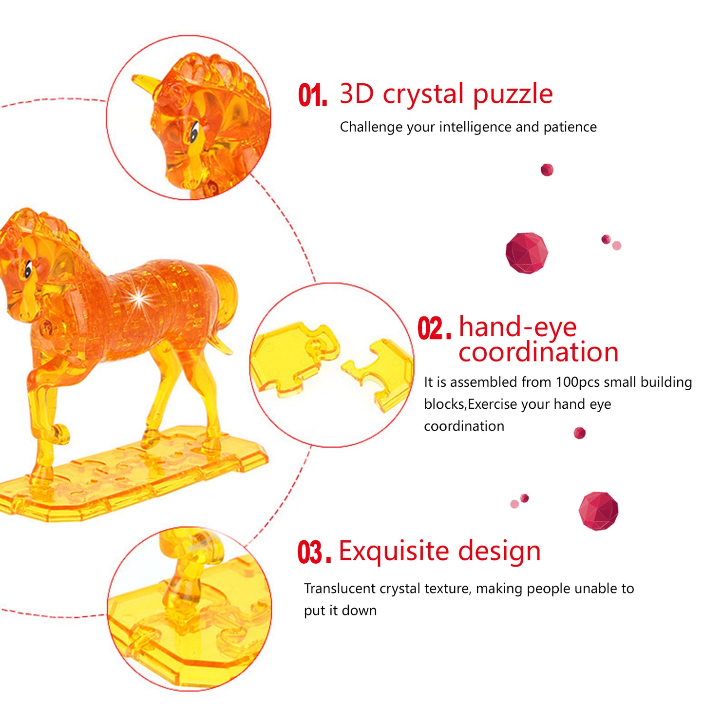 3D Crystal Puzzle Horse, Crystal Puzzle Brainteasers for Puzzlers Ages 16 and Up, 100Pcs