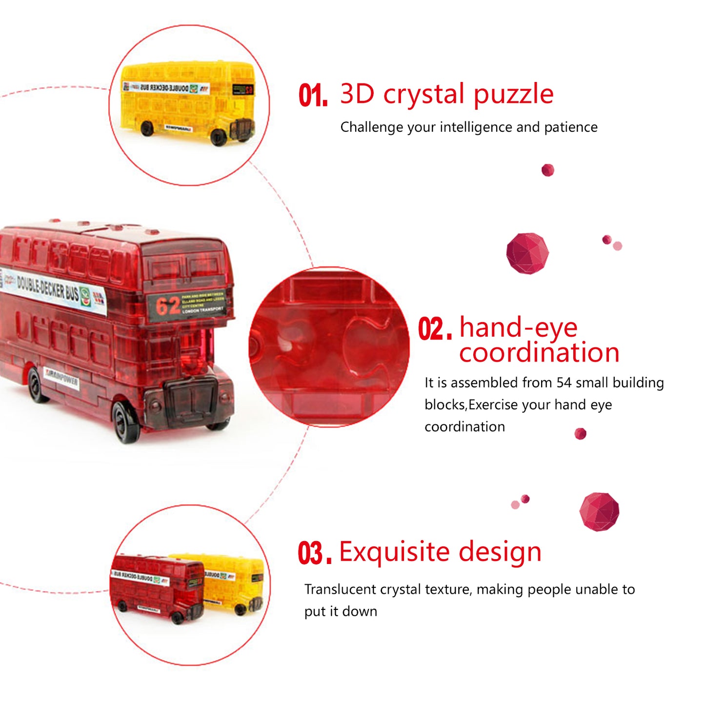 3D Crystal Puzzle Double Decker Bus, Crystal Puzzle Brainteasers for Puzzlers Ages 16 and Up,54PCS