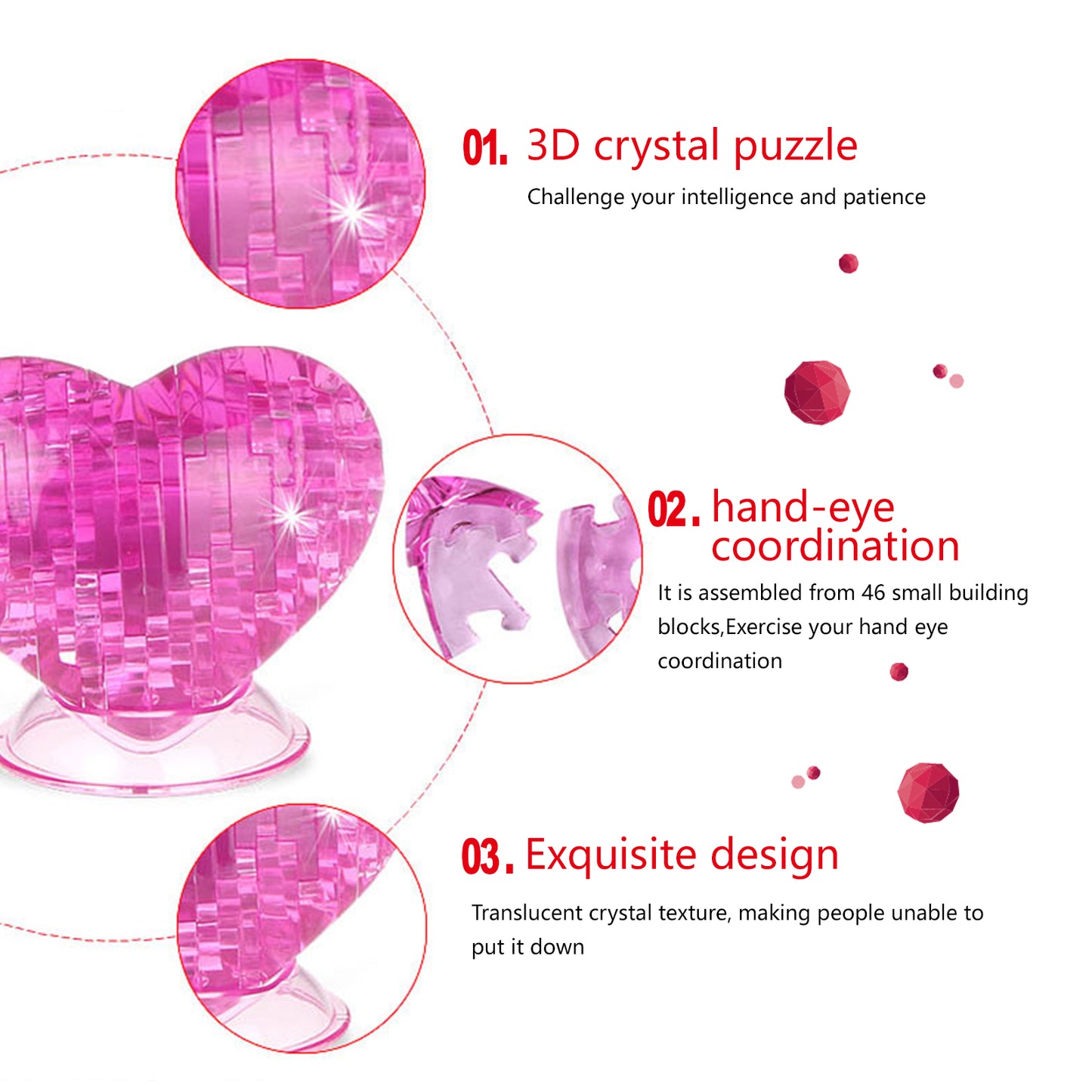 3D Crystal Puzzle Heart, Crystal Puzzle Brainteasers for Puzzlers Ages 16 and Up, 46PCS