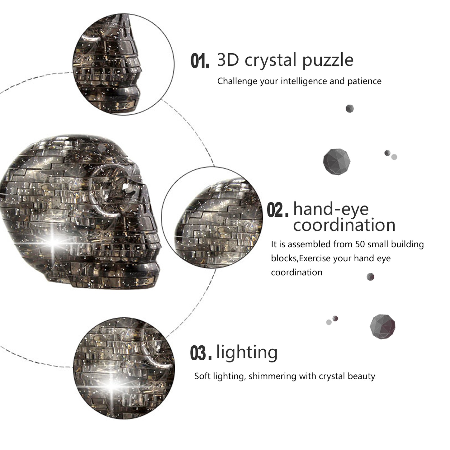 3D Crystal Puzzle Skull, Crystal Puzzle Brainteasers for Puzzlers Ages 16 and Up, 50PCS